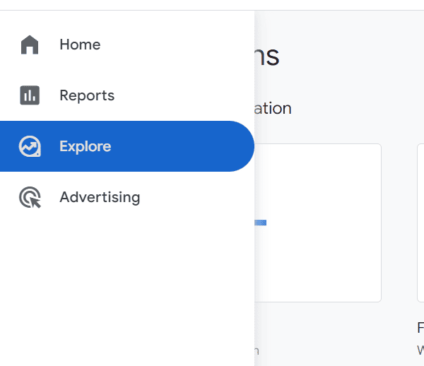 Navigation menu for Google Analytics 4 (GA4) showing options: Home, Reports, Explore (highlighted), and Advertising. i-shadow