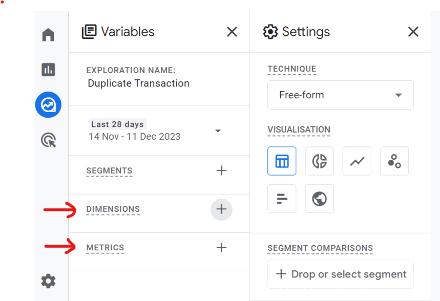Variables section for the ‘Duplicate Transaction’ exploration, showing date range, segments, and visualization settings. i-shadow