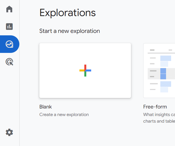 Explorations dashboard with options to start a new exploration, including blank and free-form templates. i-shadow