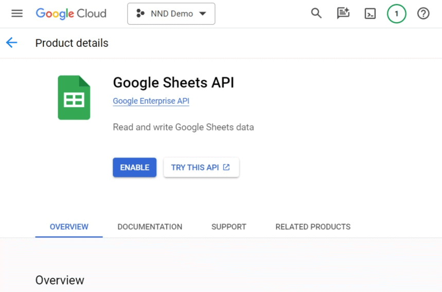 Google Sheets API interface in Google Cloud showing enable option. i-shadow