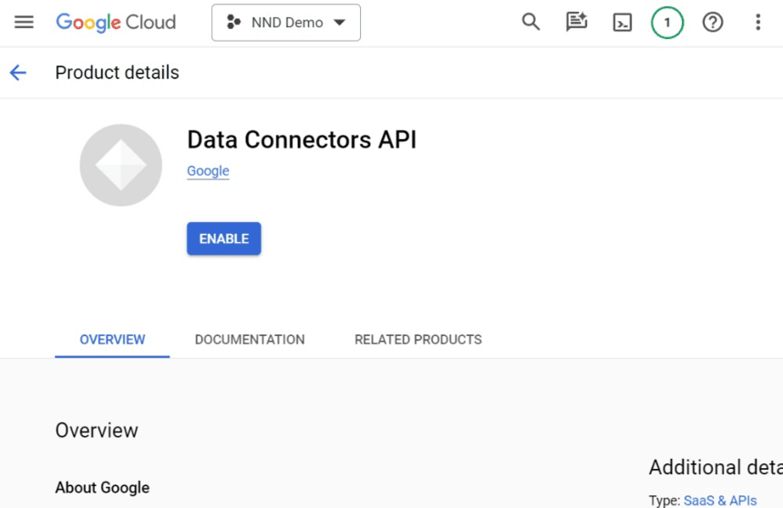 Google Cloud Data Connectors API interface with enable button. i-shadow