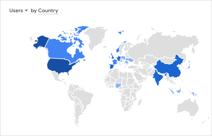 World map indicating user distribution by country in blue.