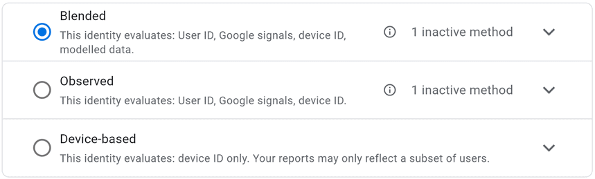 Google Analytics identity settings with options for Blended, Observed, and Device-based evaluation.