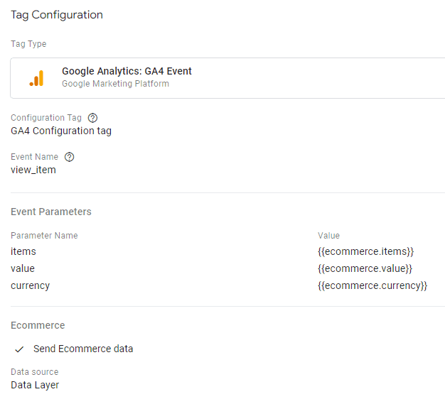 Tag configuration for “view_item” event, capturing item details and currency from data layer. i-shadow