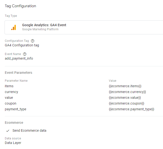 GA4 Event configuration for ““add_payment_info”” including items, values, and payment type details.  i-shadow
