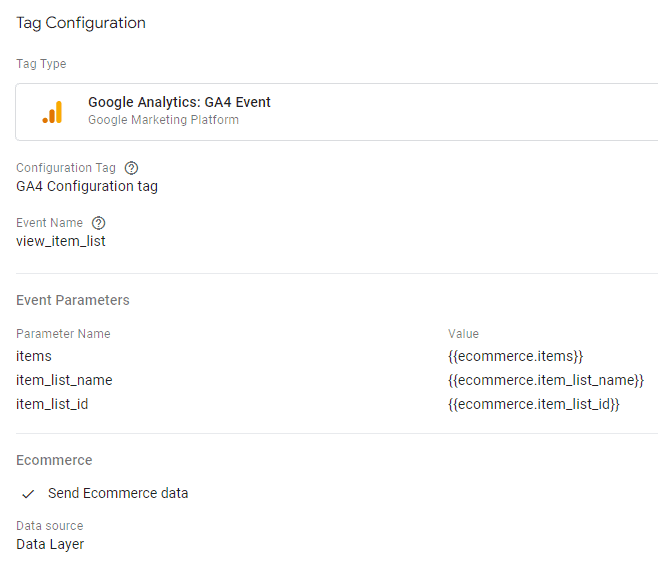 GA4 Event tag setup for “select_item” including ecommerce parameters from the data layer. i-shadow