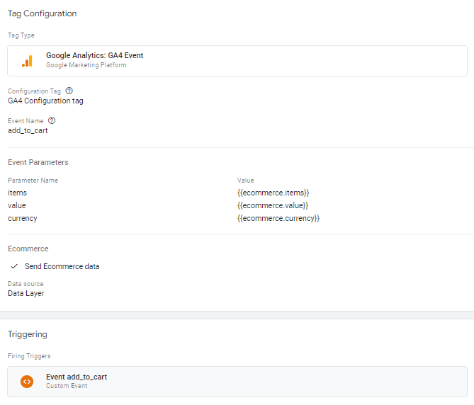 Tag configuration for GA4 Event, specifying “add_to_cart” event with parameters. i-shadow