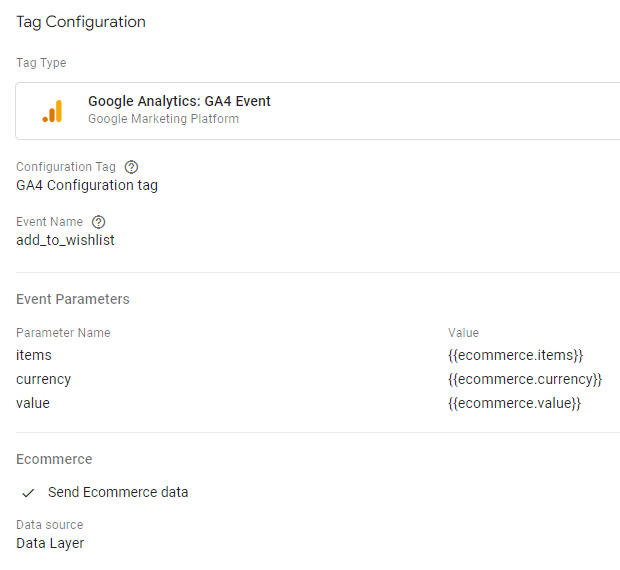 GA4 Event setup for “add_to_wishlist,” featuring ecommerce data parameters sourced from data layer. i-shadow