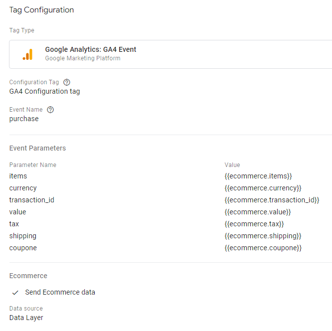 Tag setup for “purchase” event to track transaction details and ecommerce parameters in GA4. i-shadow