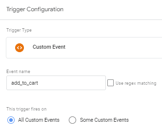 Trigger setup for a custom event named “add_to_cart” that fires for all events. i-shadow