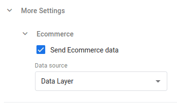 Ecommerce settings enabling the transmission of data from the data layer. i-shadow