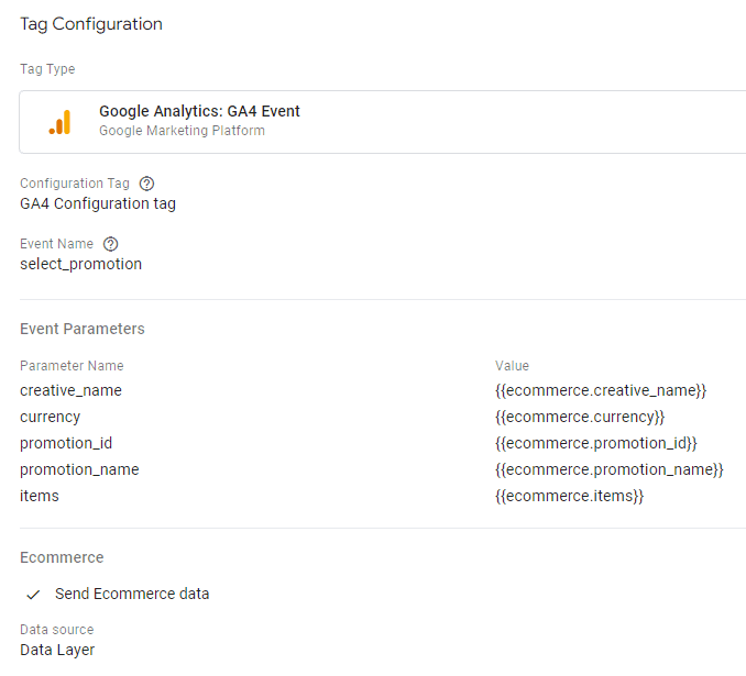 Tag configuration for “select_promotion” event, tracking promotional details and item parameters from data layer. i-shadow