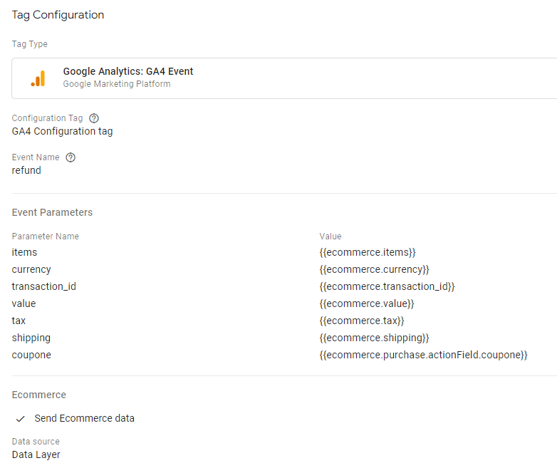 Refund event tag configuration capturing transaction and coupon details based on ecommerce data layer. i-shadow