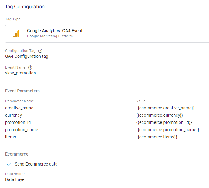GA4 Event tag setup for “view_promotion” capturing creative and promotion details from data layer. i-shadow