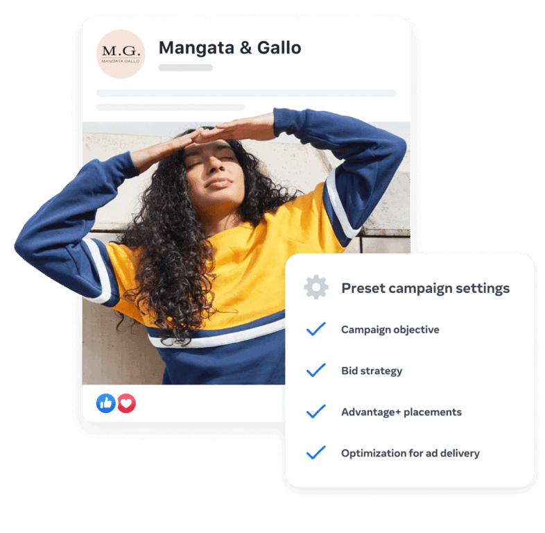 Preset ad campaign settings with optimization options for an ad