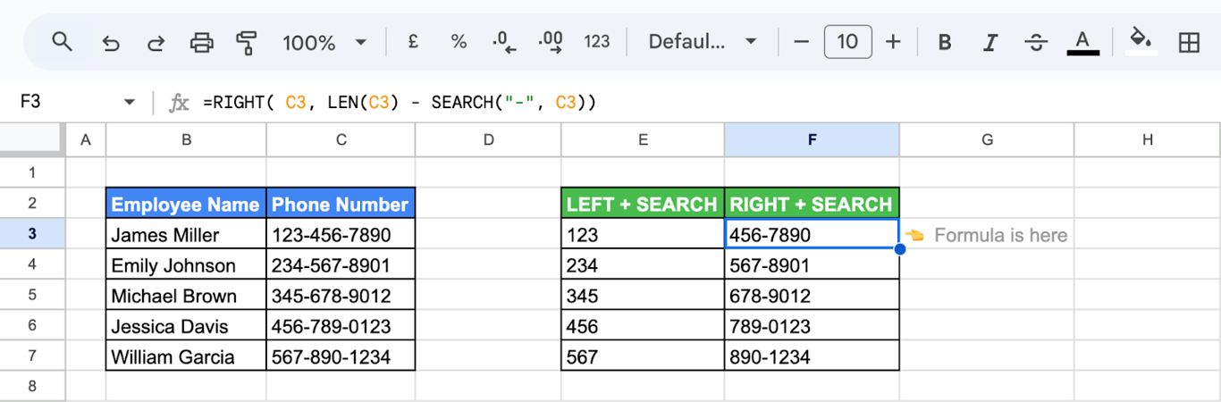 Using RIGHT and SEARCH to extract the remaining phone number after the area code in Google Sheets. i-border