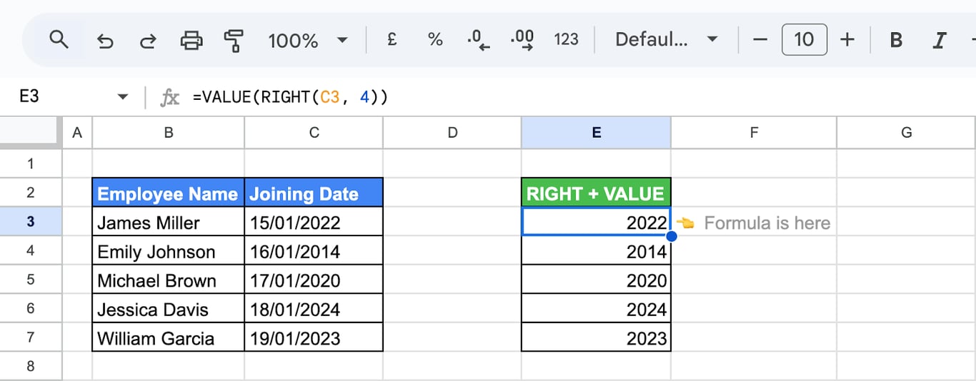 Using RIGHT and VALUE functions in Google Sheets to extract and convert the last 4 digits of the employee’s joining year from the “Joining Date”. i-border