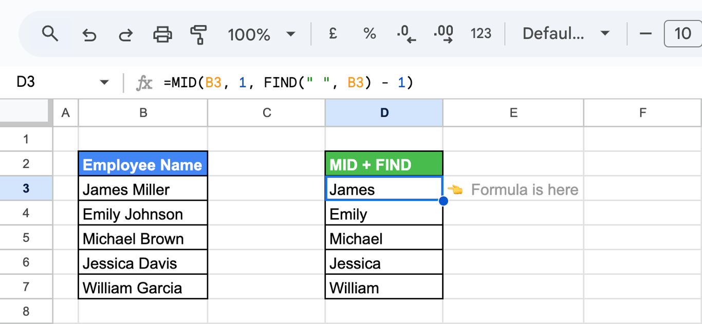 Using MID and FIND function in Google Sheets to extract the first name from the “Employee Name” before the space. i-border