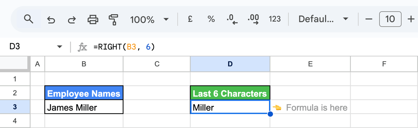 Using the RIGHT function in Google Sheets to extract the last six characters from a string. i-border