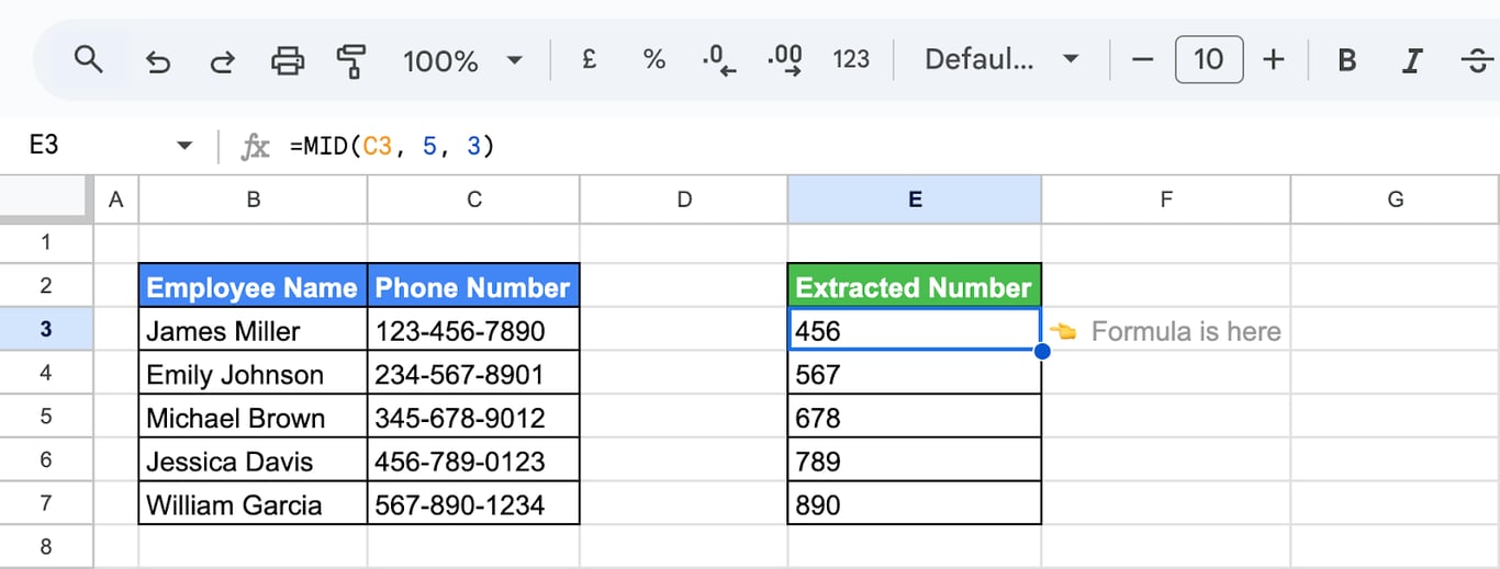 Using the MID function in Google Sheets to extract a specific portion of a phone number. i-border