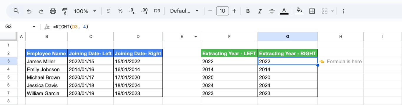 Using the RIGHT function in Google Sheets to extract the last 4 characters from a date string. i-border