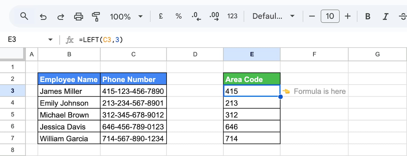 Using the LEFT function in Google Sheets to extract the area code from a phone number. i-border