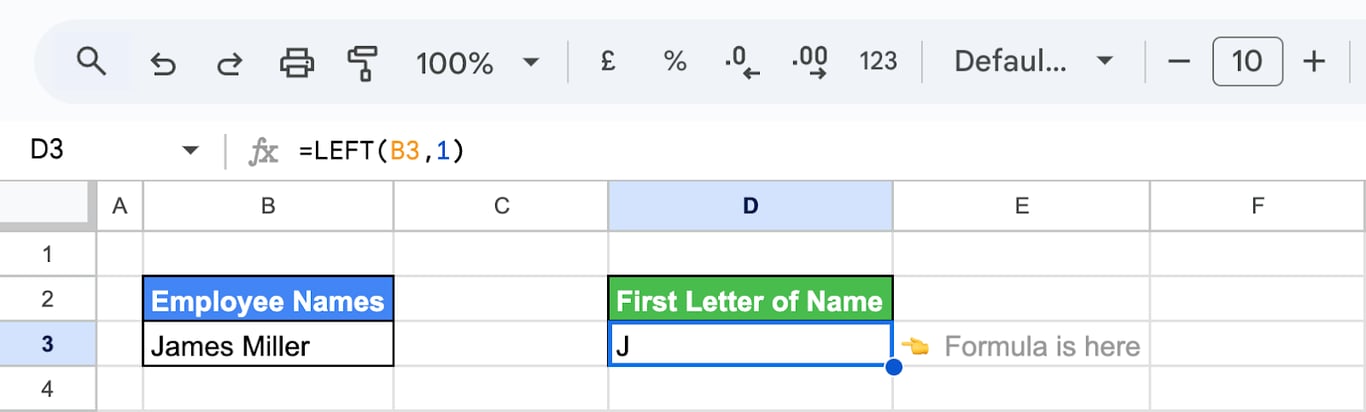 Using the LEFT function in Google Sheets to extract the first letter of an employee’s name from a full name. i-border