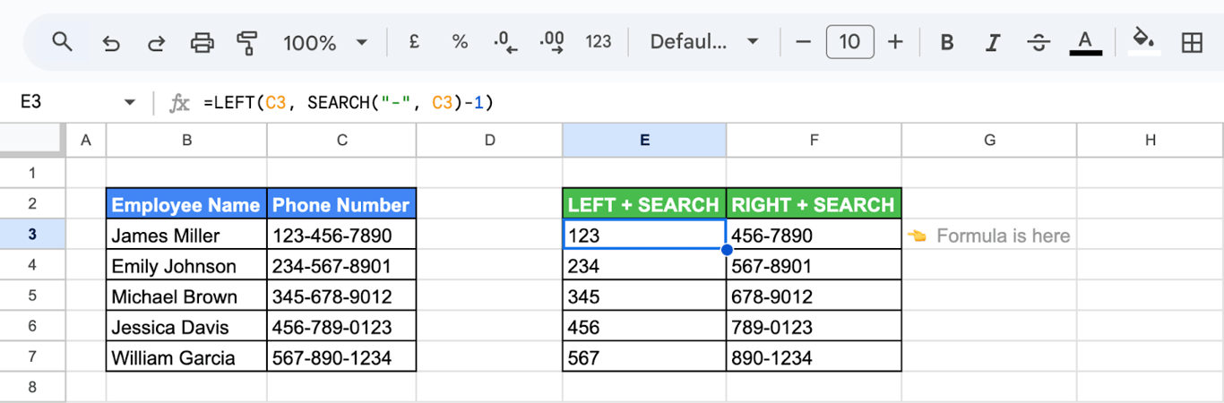 Using LEFT and SEARCH functions to extract the area code from the phone number in Google Sheets. i-border