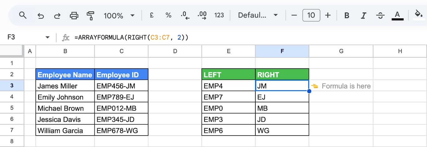 Using the ARRAYFORMULA combined with the RIGHT function in Google Sheets to extract the last 2 characters from employee IDs across multiple rows. i-border