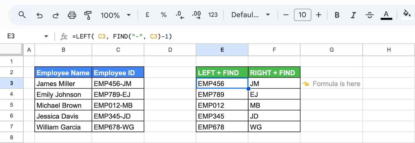 Demonstrating the LEFT and FIND functions in Google Sheets to extract the employee ID part before the dash from “Employee ID”. i-border