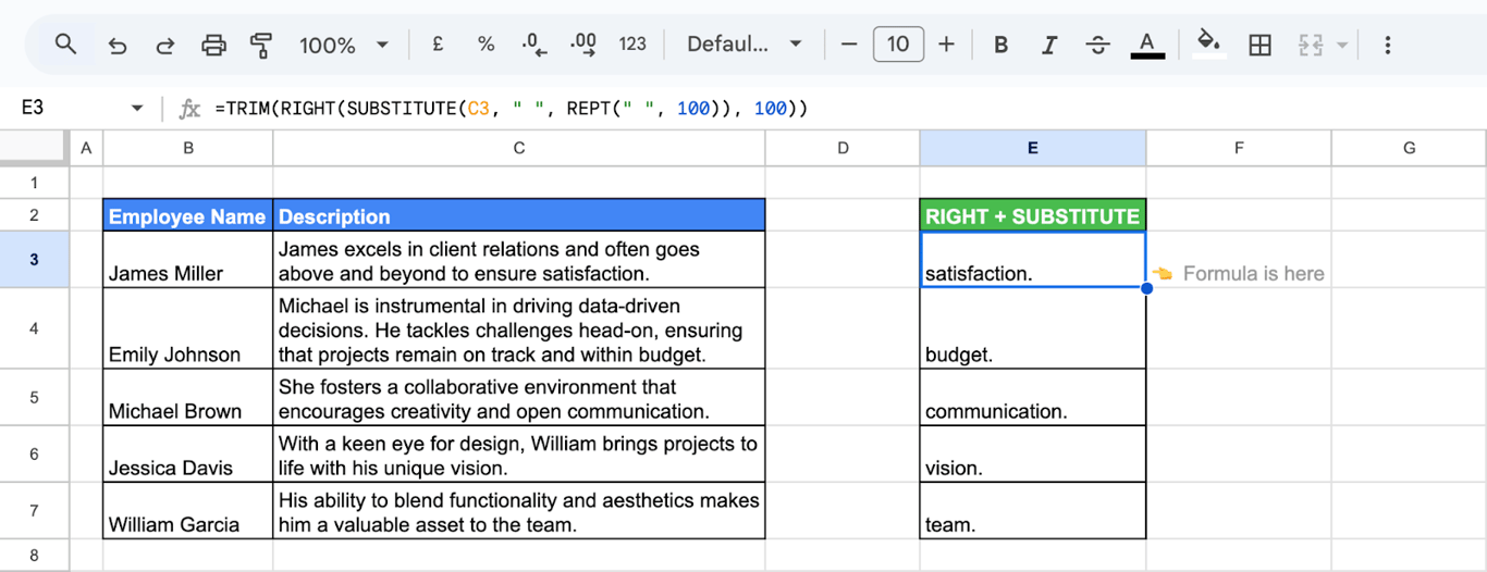 Using SUBSTITUTE, RIGHT, and TRIM functions to extract the last word of the employee description in Google Sheets. i-border