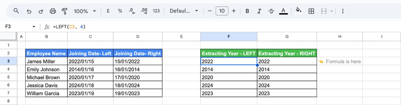 Using the LEFT function in Google Sheets to extract the year from a date string. i-border