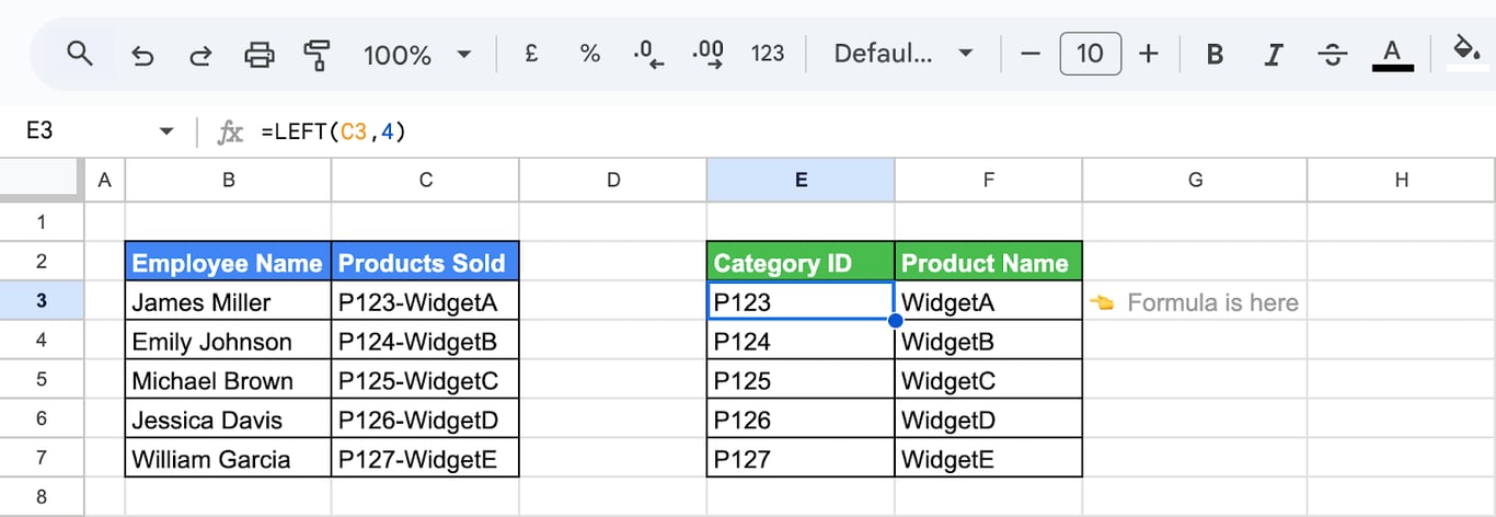 Using the LEFT function in Google Sheets to extract the first 4 characters of a product ID. i-border