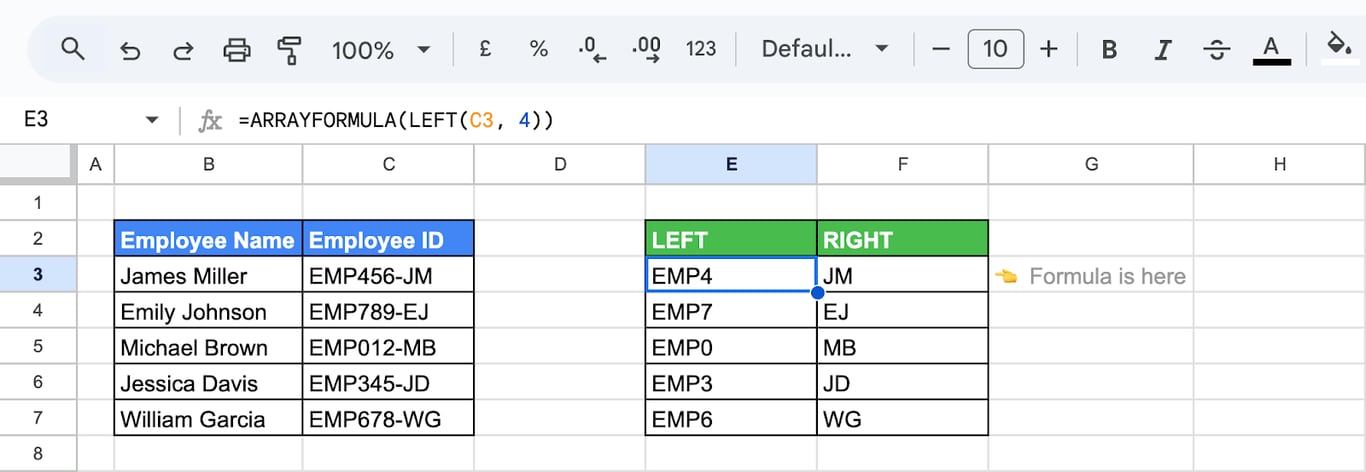 Using the ARRAYFORMULA combined with the LEFT function in Google Sheets to apply a formula to an entire column. i-border