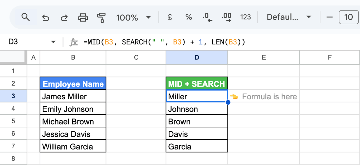 Demonstrating MID and SEARCH formula to extract the last name after the space in the “Employee Name” in Google Sheets. i-border