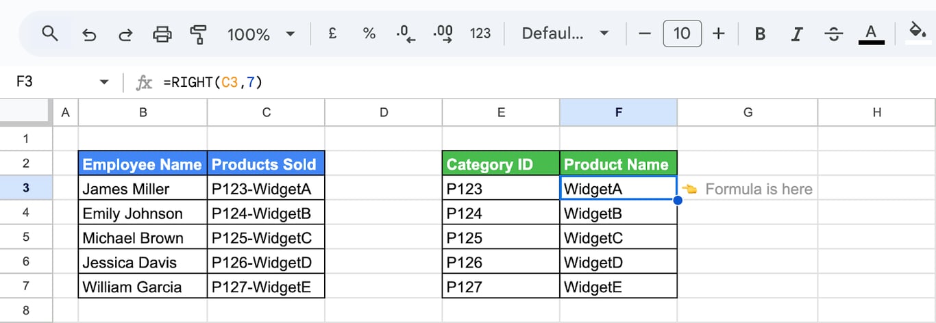 Using the RIGHT function in Google Sheets to extract the last 7 characters of a product ID. i-border