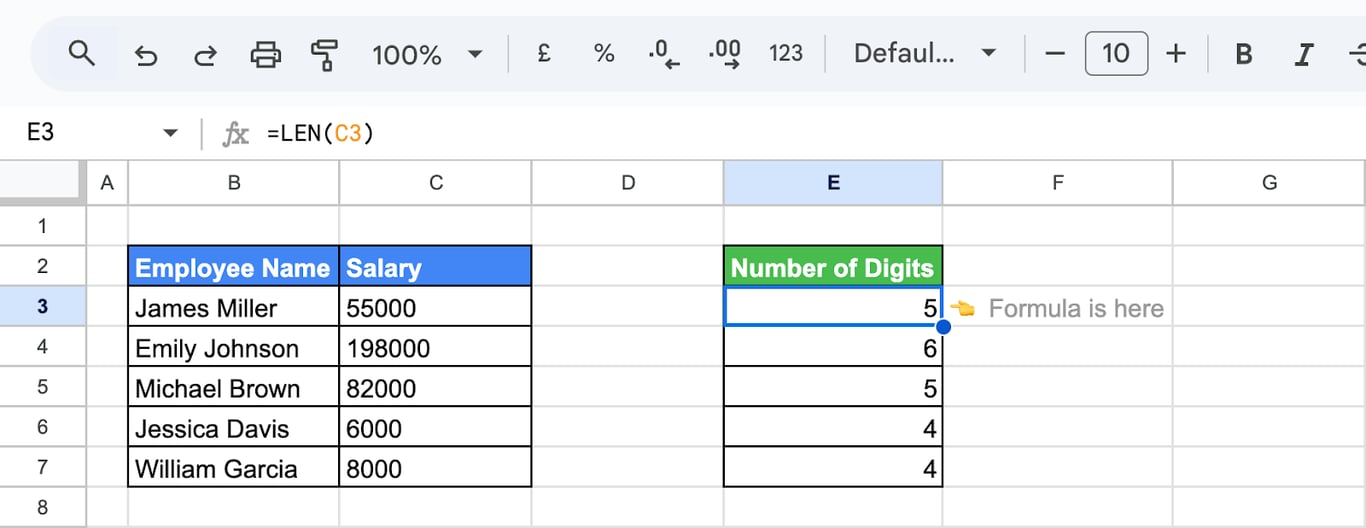 Demonstrating the LEN function in Google Sheets to count the number of digits in salary values. i-border