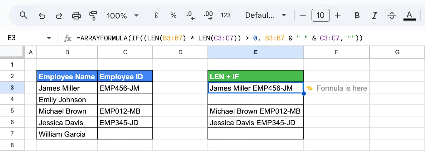 Using ARRAYFORMULA, LEN, and IF in Google Sheets to combine employee names and IDs dynamically. i-border