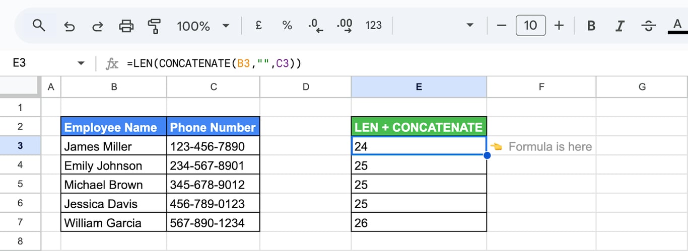 Showing how to use LEN with CONCATENATE in Google Sheets to find the length of concatenated employee data. i-border