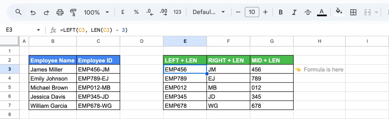 Using LEFT, LEN, RIGHT, and MID functions in Google Sheets to extract parts of employee IDs. i-border