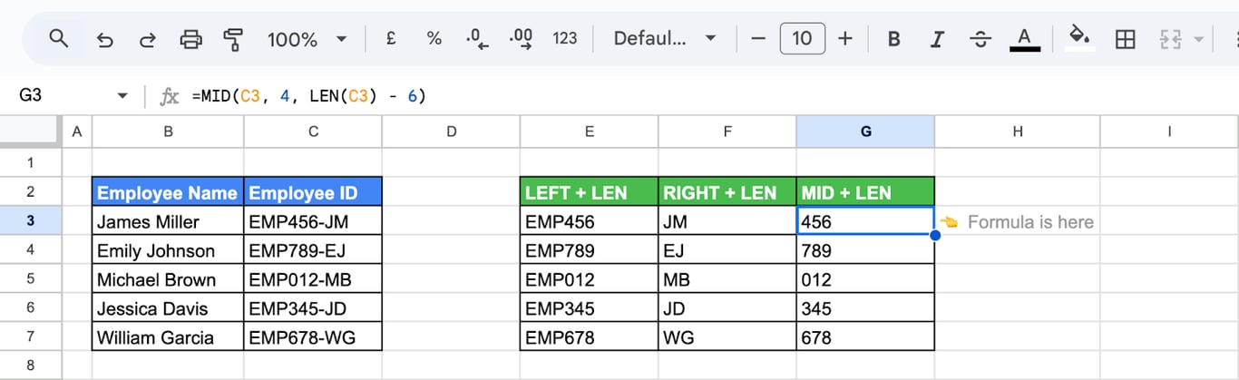 Showing the MID function used with LEN in Google Sheets to extract a portion of the employee ID. i-border