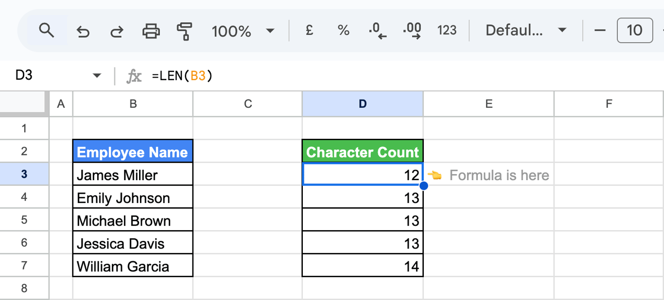 Showing the use of the LEN function in Google Sheets to count characters in an employee name. i-border