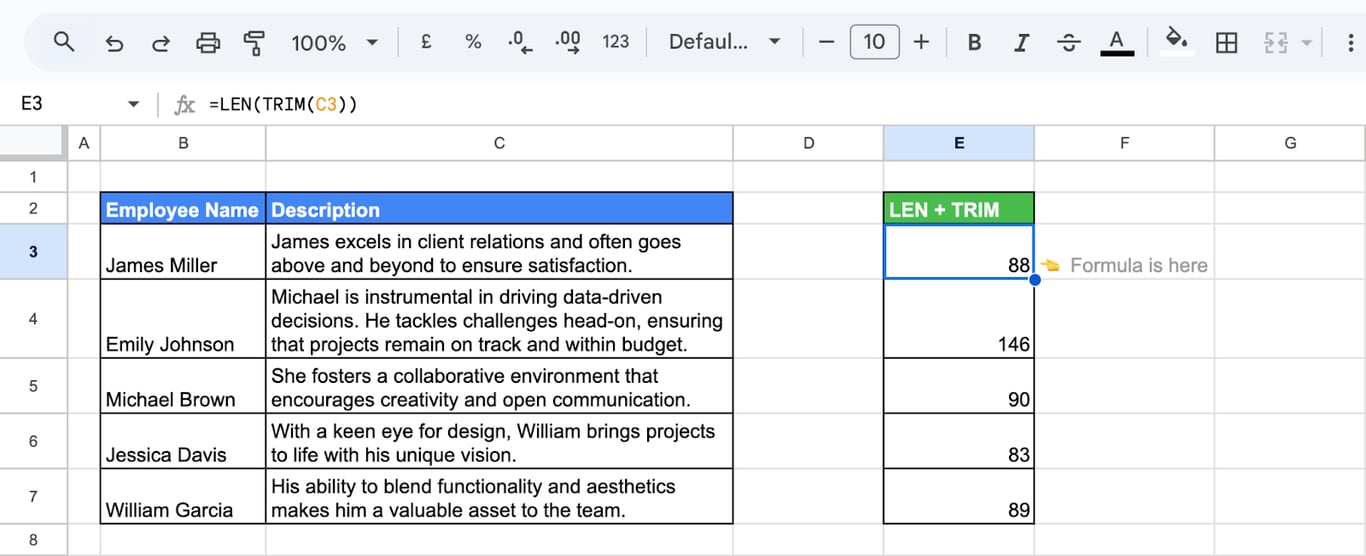 Using LEN with TRIM in Google Sheets to count the length of trimmed text in employee descriptions. i-border