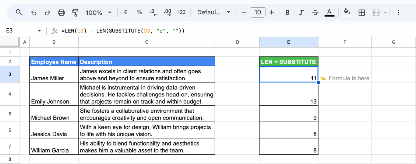 Using LEN and SUBSTITUTE in Google Sheets to count the number of occurrences of a letter in descriptions. i-border