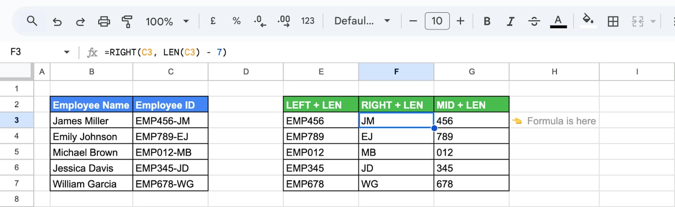 Demonstrating the RIGHT function with LEN in Google Sheets to extract a specific part of the employee ID. i-border