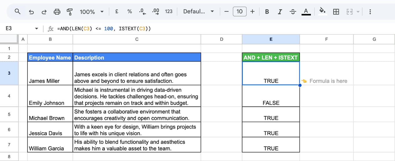 Using AND, LEN, and ISTEXT functions in Google Sheets to check if description length is within limit and contains text. i-border