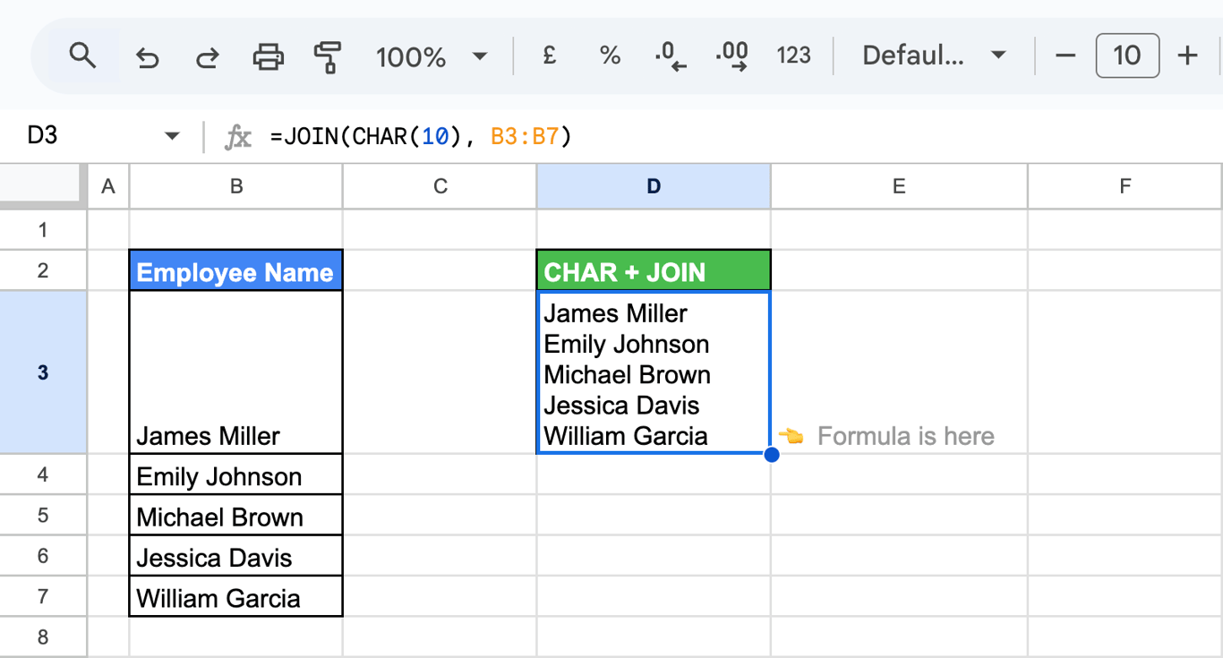 Using the CHAR function in Google Sheets as a delimiter within the JOIN function to format concatenated data. i-border