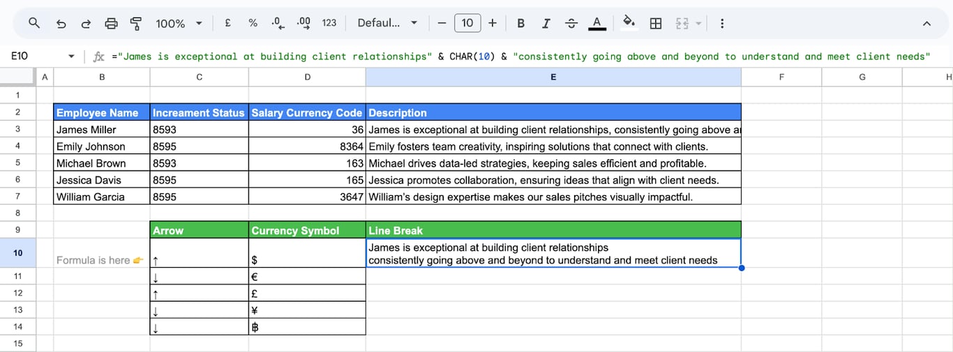 Different ways to use the CHAR function in Google Sheets to combine character codes. i-border