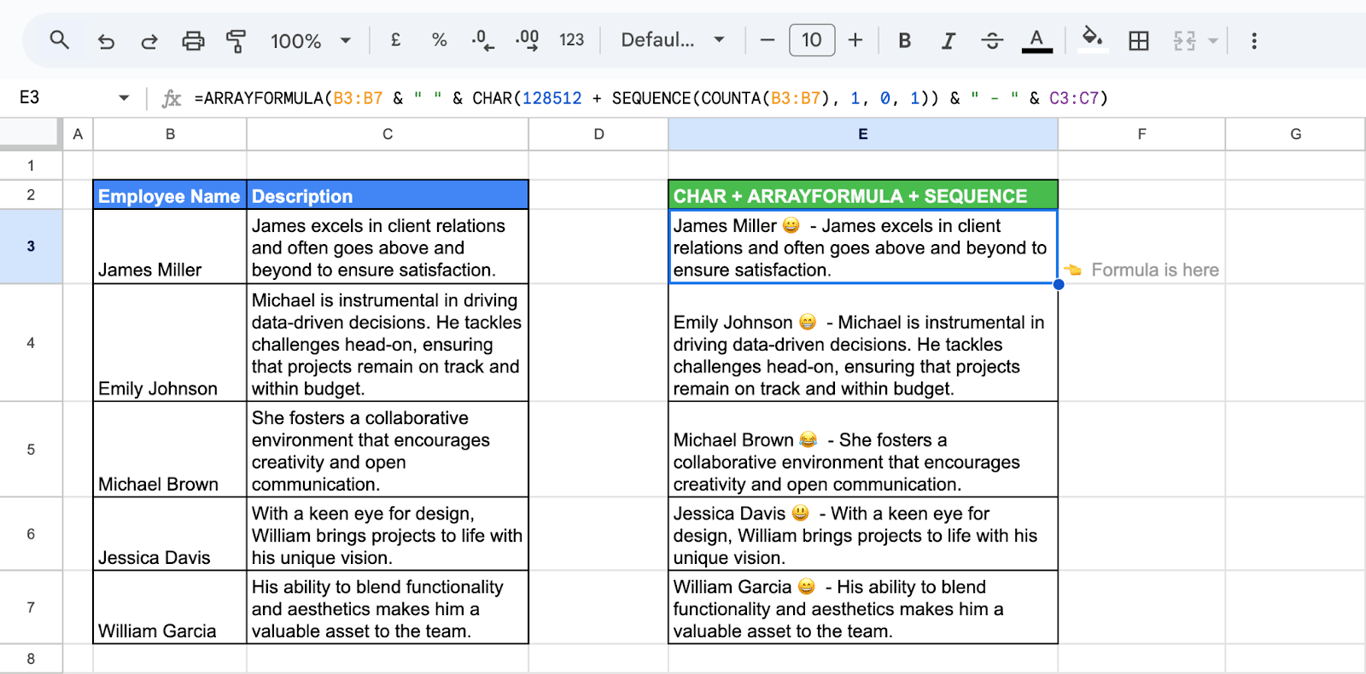 Generating a sequence of characters in Google Sheets using the CHAR function, ARRAYFORMULA, and SEQUENCE. i-border