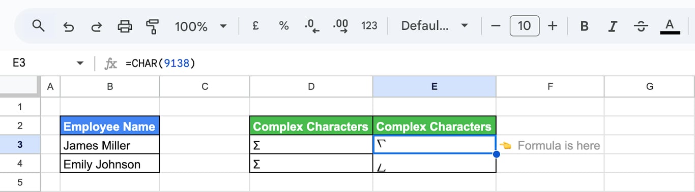 Advanced use of the CHAR function in Google Sheets to generate structured multi-cell character outputs. i-border